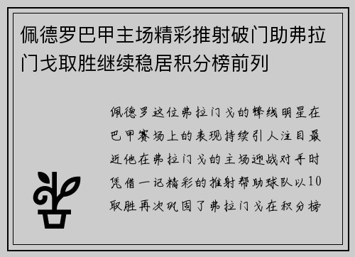 佩德罗巴甲主场精彩推射破门助弗拉门戈取胜继续稳居积分榜前列