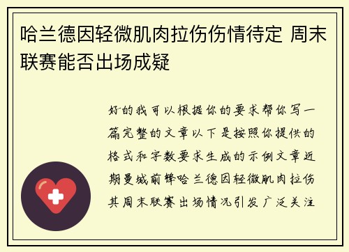 哈兰德因轻微肌肉拉伤伤情待定 周末联赛能否出场成疑 哈兰德因轻微肌肉拉伤伤情待定 周末联赛能否出场成疑