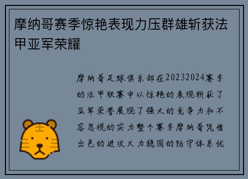 摩纳哥赛季惊艳表现力压群雄斩获法甲亚军荣耀