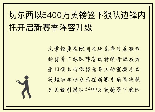 切尔西以5400万英镑签下狼队边锋内托开启新赛季阵容升级