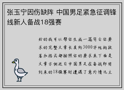 张玉宁因伤缺阵 中国男足紧急征调锋线新人备战18强赛 张玉宁因伤缺阵 中国男足紧急征调锋线新人备战18强赛